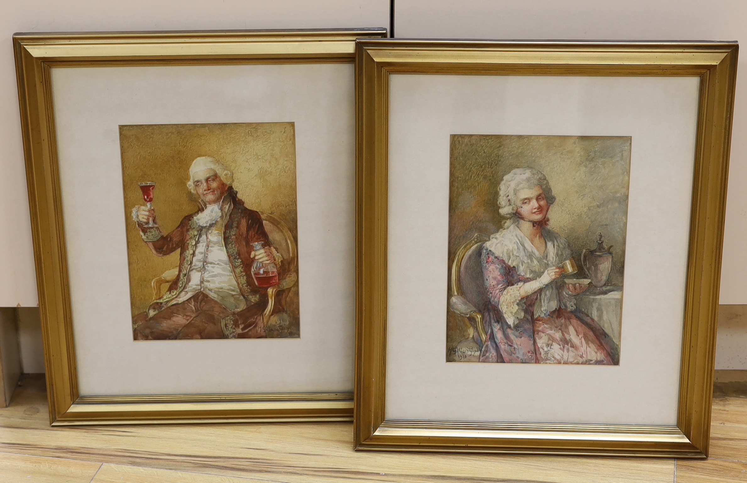 Henry Gillard Glindoni (1852-1913), pair watercolour portraits, Seated Georgian lady and gentleman, signed and dated 1910, 28 x 21cm